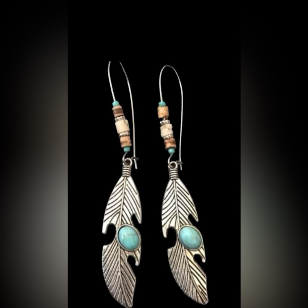 New Silver tone Feather Earrings with Turquoise Accents Dangle Bohemian Cowgirl